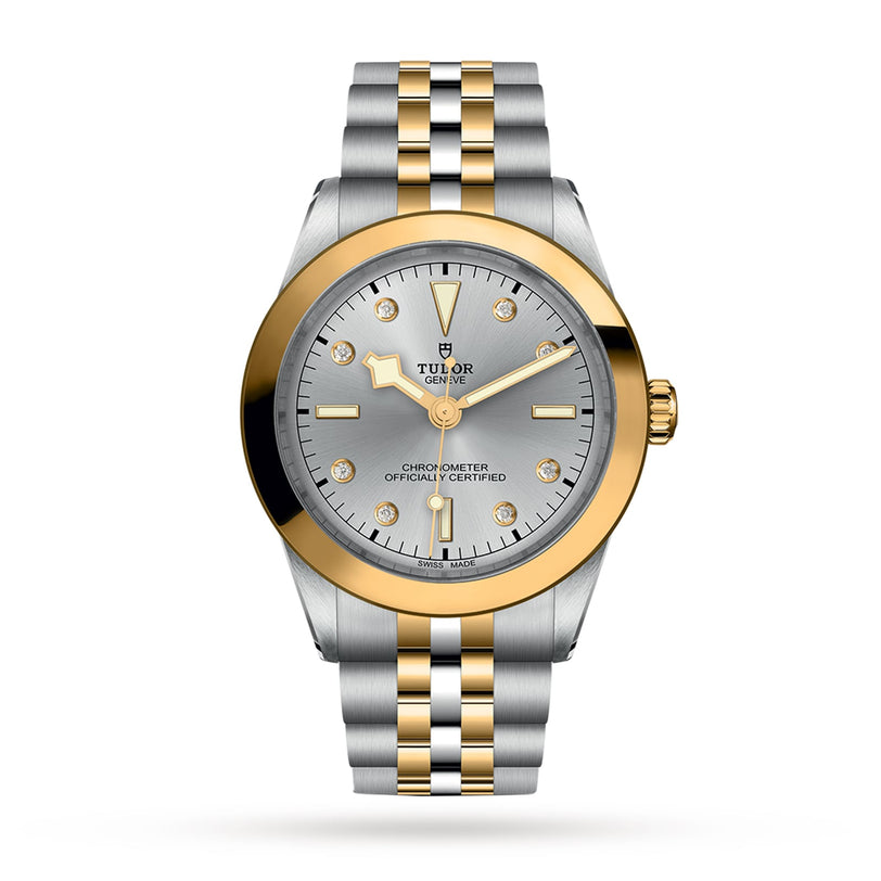The TUDOR Black Bay One 39 S&G wristwatch features a silver and yellow gold bracelet, a gold bezel, silver dial, and gold hour markers, displayed against a plain white background.