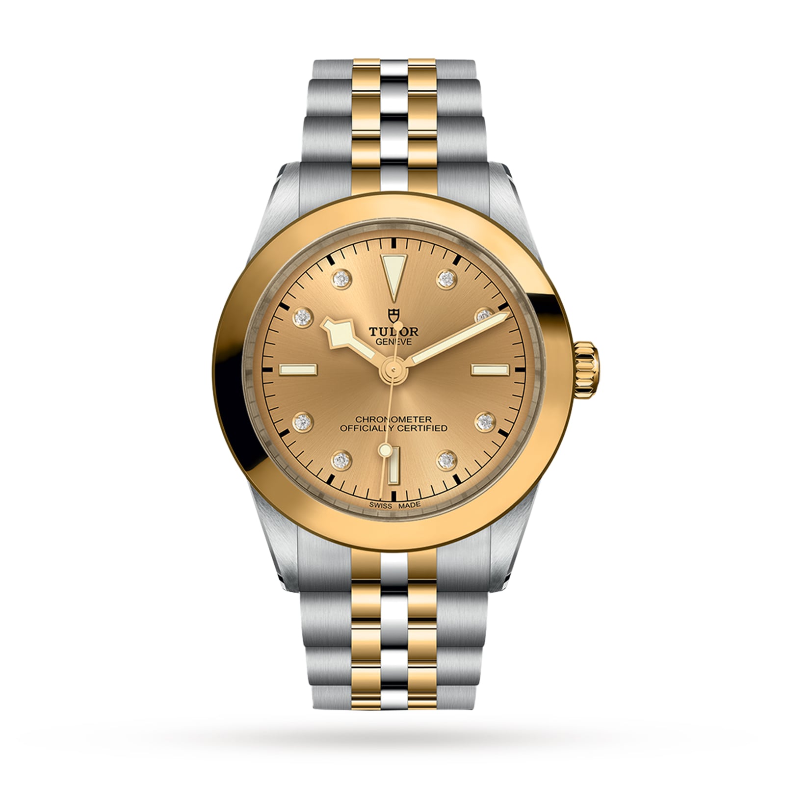 The TUDOR Black Bay One 39 S&G features a yellow gold dial, diamond hour markers, gold bezel, and a silver-and-gold bracelet, capturing classic Black Bay style in a two-tone wristwatch.