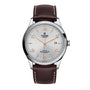 A TUDOR 1926 wristwatch featuring a brown leather strap, silver case, white textured dial, rose gold indices and hands, and a 3 o’clock date window—crafted by the brand founded by Rolex’s creator.
