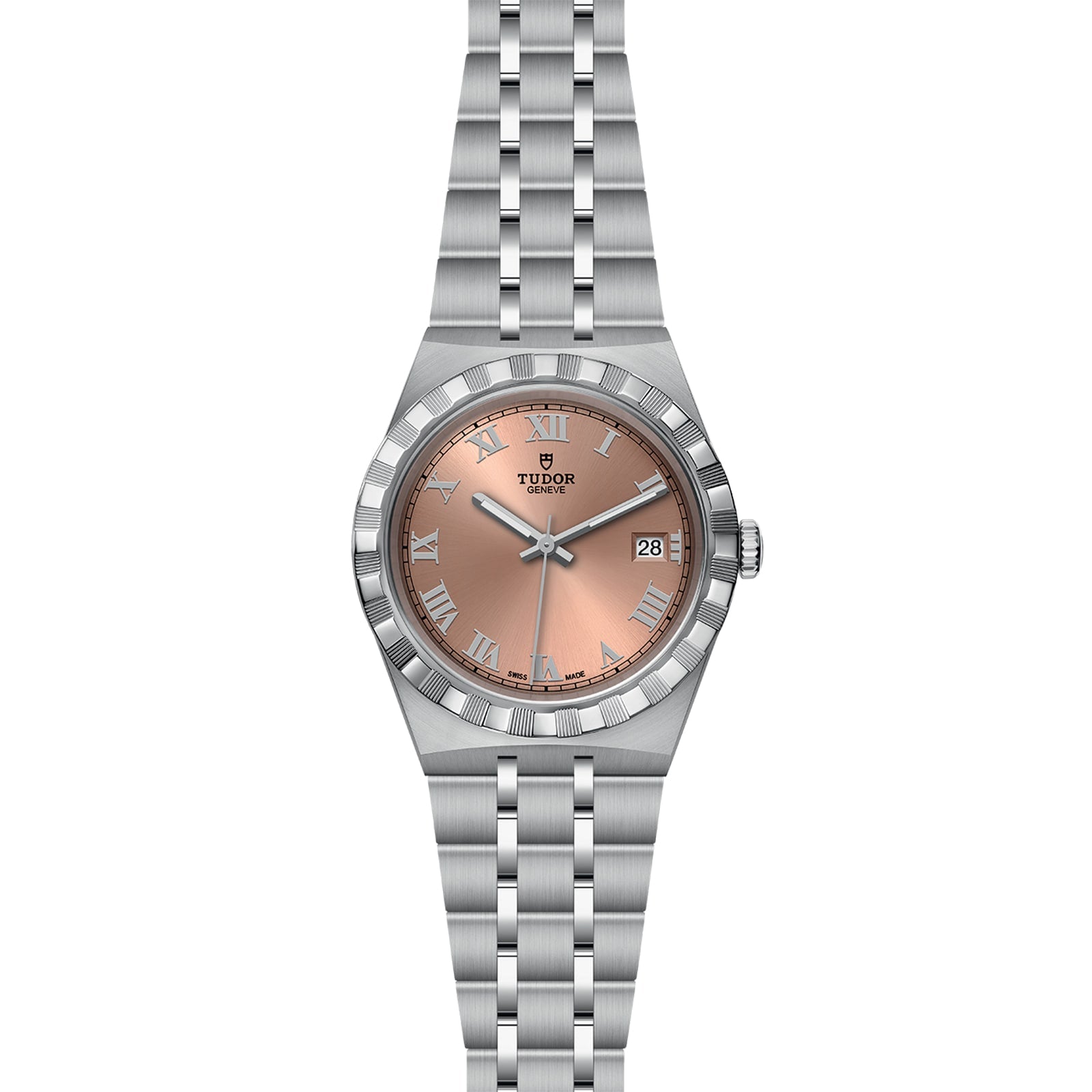 The TUDOR Royal wristwatch features a stainless steel case, salmon dial, Roman numerals, automatic movement, and a date window at 3 o’clock, shown from the front.