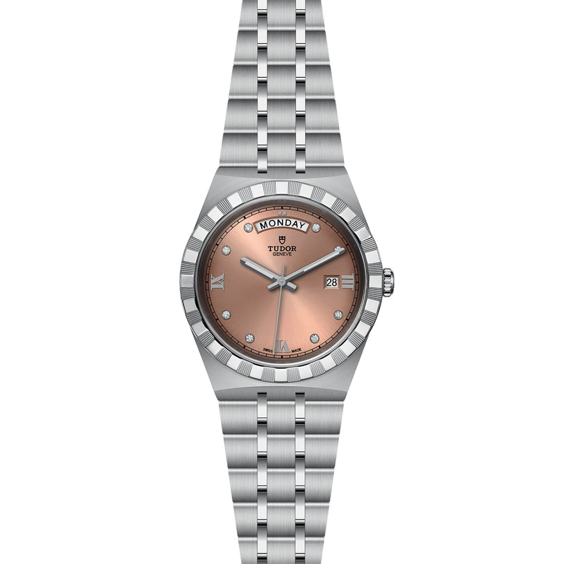 The TUDOR Royal is a stainless steel wristwatch with a pink dial, day and date display, diamond hour markers, and a sport-chic metal link bracelet.