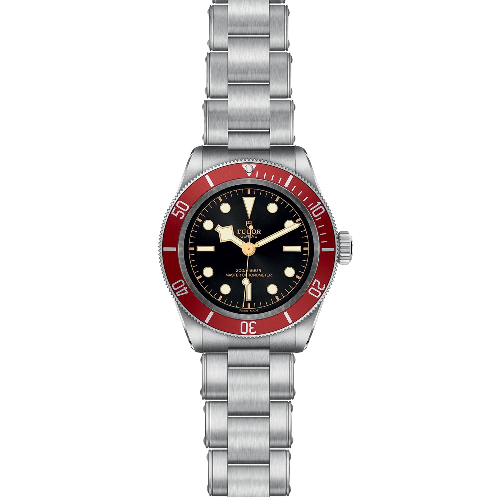 The TUDOR Black Bay wristwatch features a stainless steel case, black dial with round markers, burgundy bezel, metal bracelet, Tudor logo, and 200m:660ft water resistance on the face.