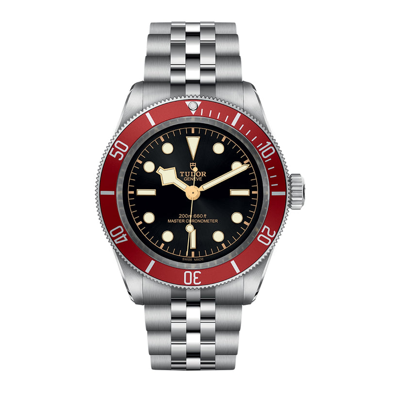 A TUDOR Black Bay wristwatch in stainless steel with a burgundy bezel, black dial, white hour markers, and a silver metal bracelet. The watch displays the time and features the TUDOR brand name on its face.