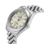 The TUDOR Black Bay One 31, a unisex chic wristwatch with a cream dial, diamond hour markers, and a stainless steel bracelet, is elegantly displayed at an angle on a white background, showcasing technical watchmaking refinement.