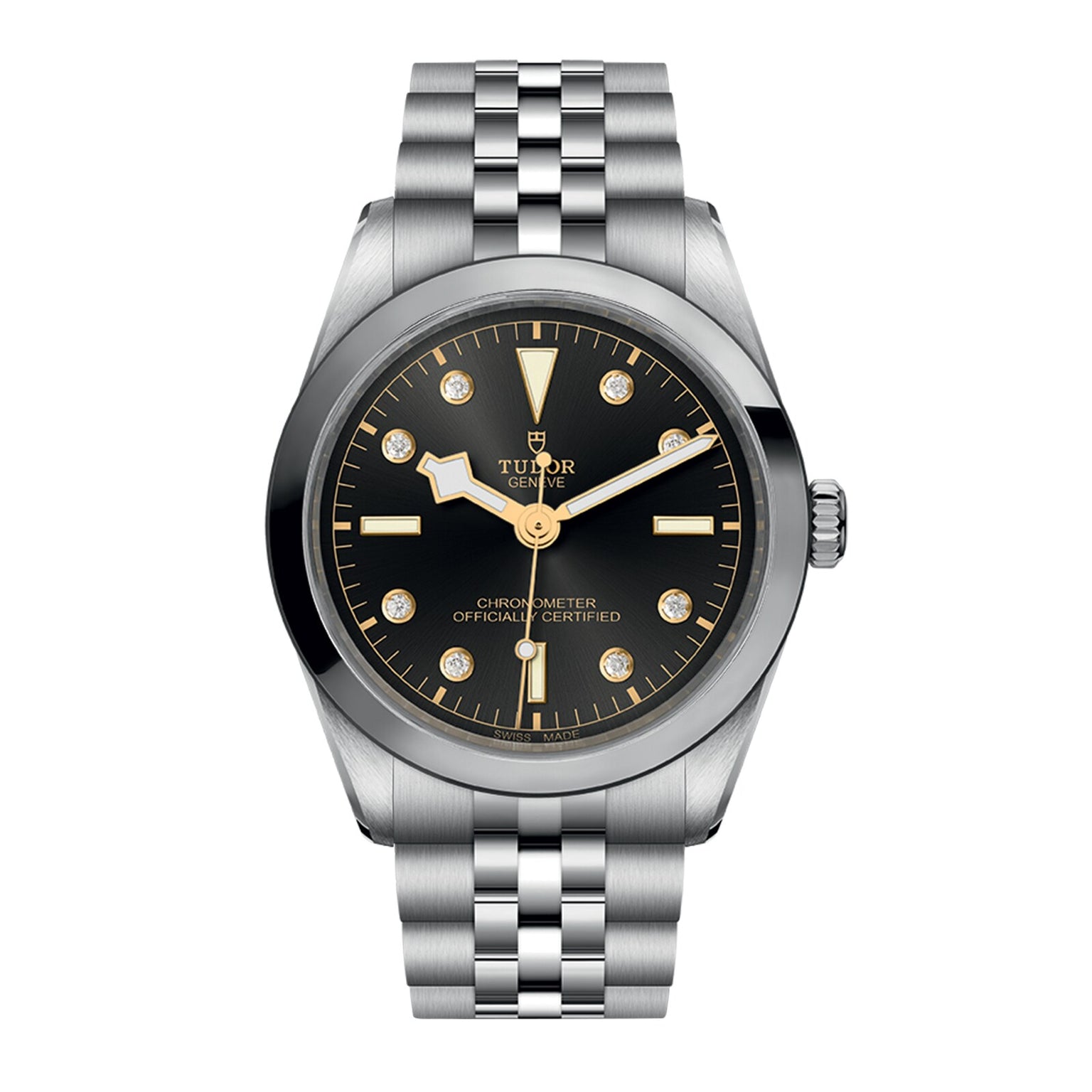The TUDOR Black Bay One 36 is a stainless steel wristwatch featuring a black dial, gold hour markers, diamond accents, and a durable 316L steel bracelet, inspired by the iconic Black Bay models.