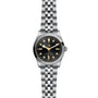 A TUDOR Black Bay One 36 wristwatch with a silver case, black dial, and metal bracelet is displayed on a white background.