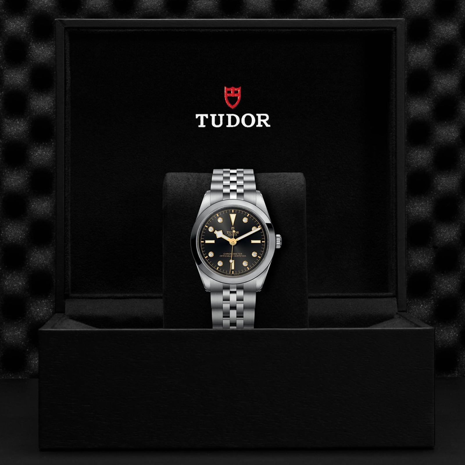 A TUDOR Black Bay One 36 unisex watch with a black dial and 316L steel bracelet is displayed in an open black TUDOR box, the logo clearly visible inside the lid.