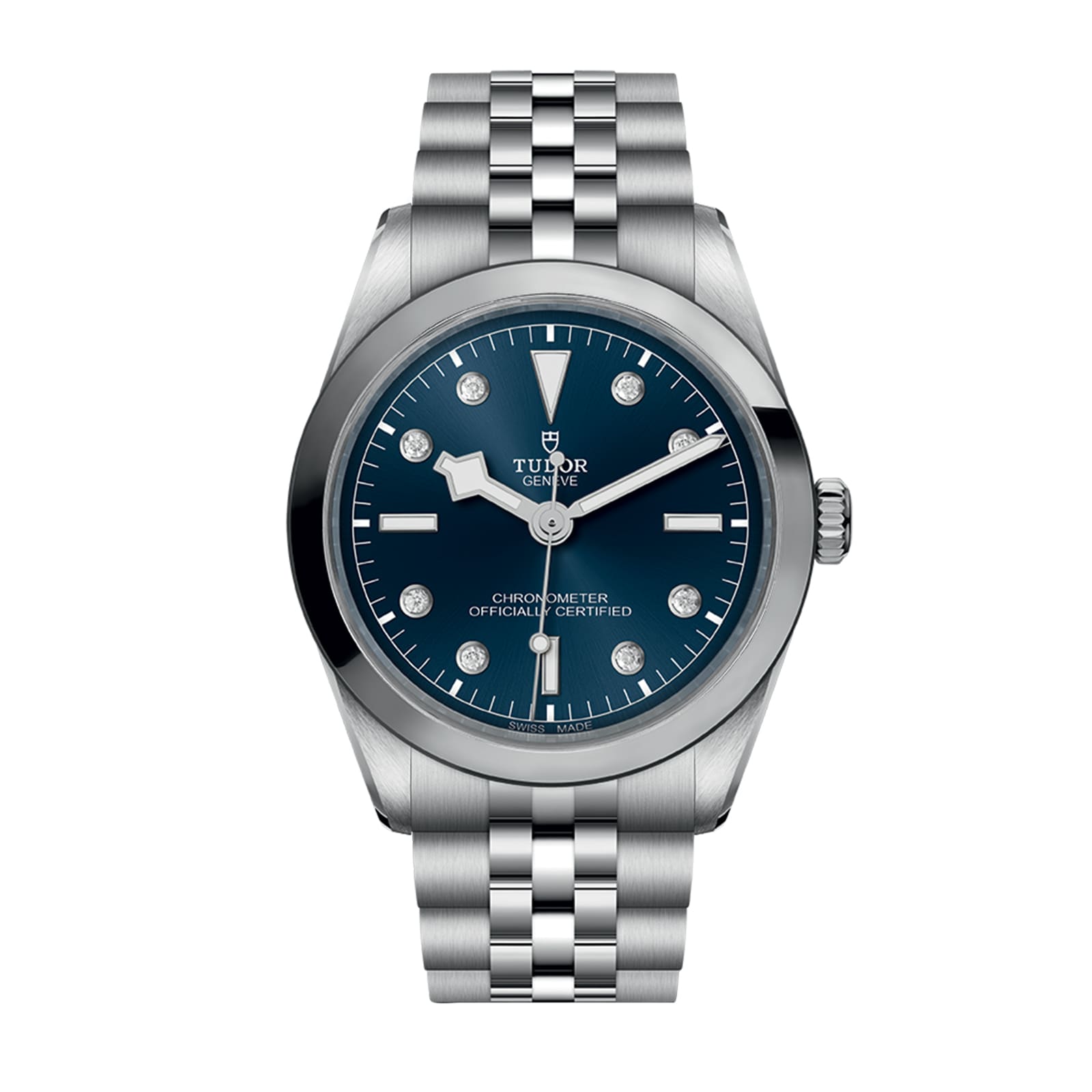 A TUDOR Black Bay One 36 wristwatch in stainless steel with a blue dial, silver hour markers, date display, and a metal link bracelet with the rapid adjustment system, presented on a white background.