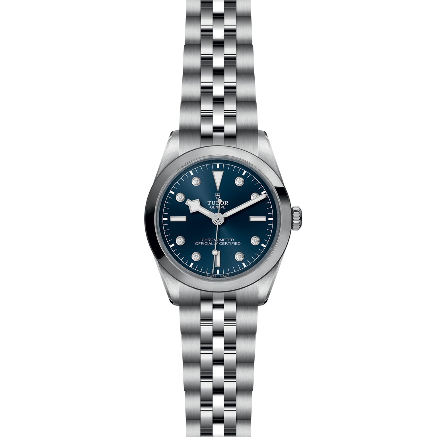 The TUDOR Black Bay One 36 is a unisex stainless steel watch with a blue dial, silver hour markers, and a jubilee-style bracelet, featuring the TUDOR rapid adjustment system inspired by classic Black Bay models.
