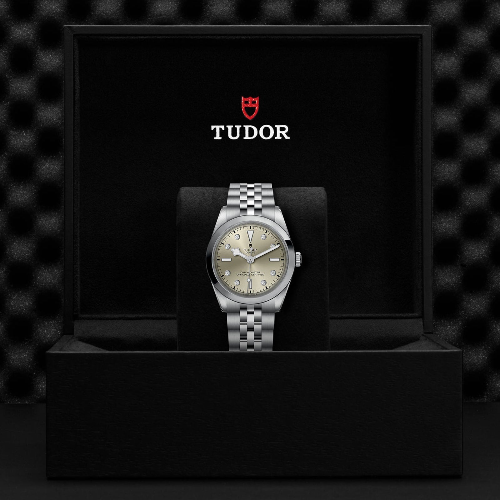 A TUDOR Black Bay One 36 wristwatch with a silver dial and 316L steel bracelet is displayed upright in a black TUDOR box, reflecting the refined craftsmanship of Black Bay models.