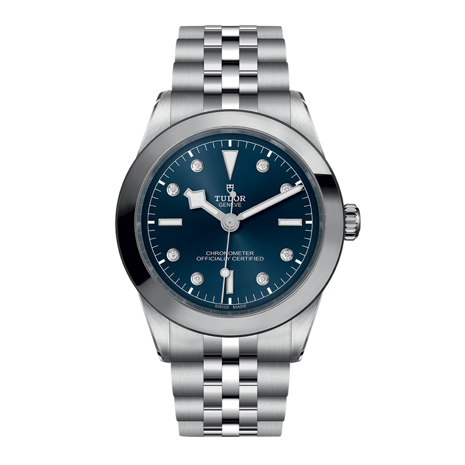 The TUDOR Black Bay One 39 is a stainless steel unisex wristwatch with a blue dial, silver hour markers, and a date window at 3 o’clock, shown on a metal bracelet—an elegant accessory for any style.