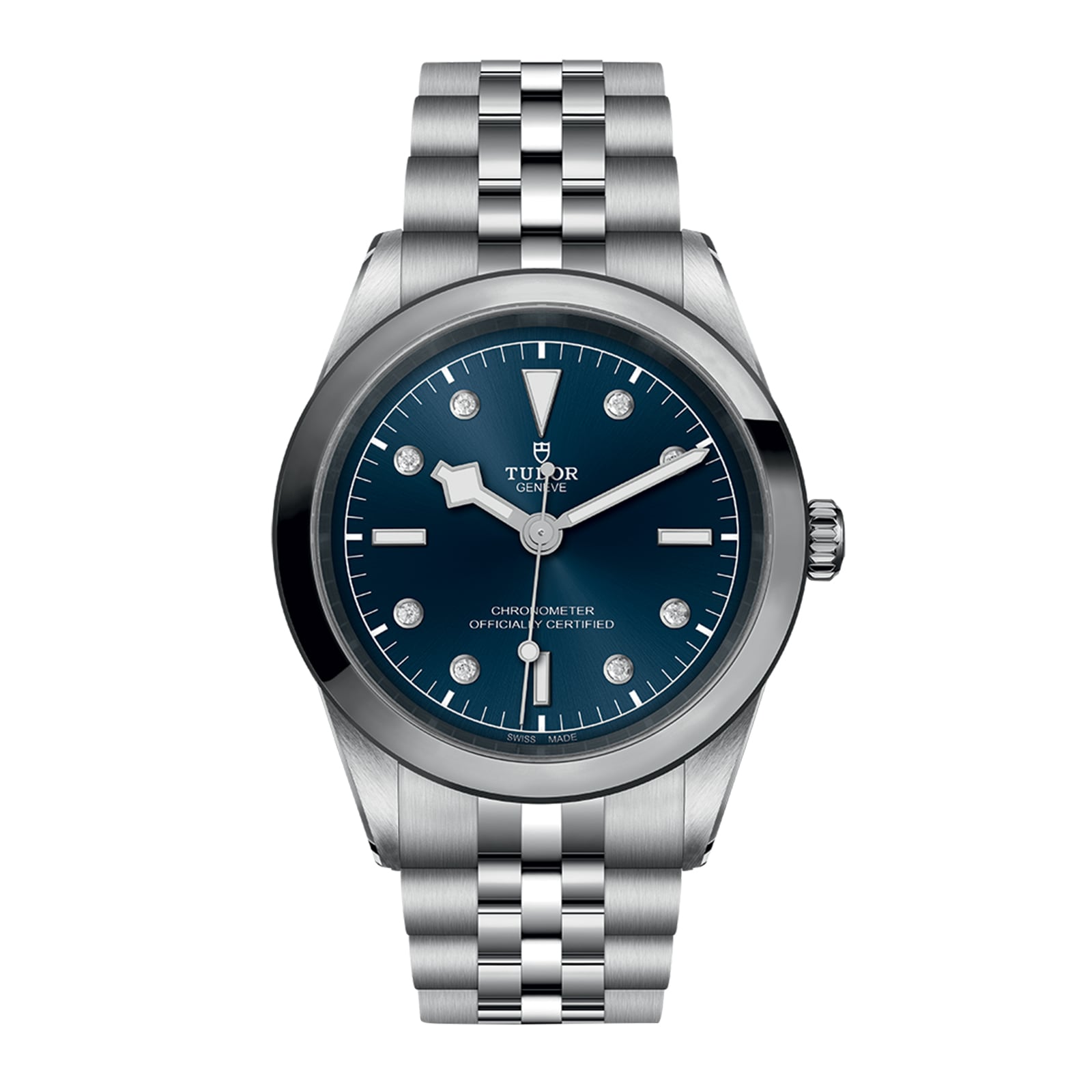 The TUDOR Black Bay One 41 is a stainless steel wristwatch featuring a blue dial, silver hour markers, date display, and a metal link bracelet with the TUDOR “T fit” adjustment system for unisex style.