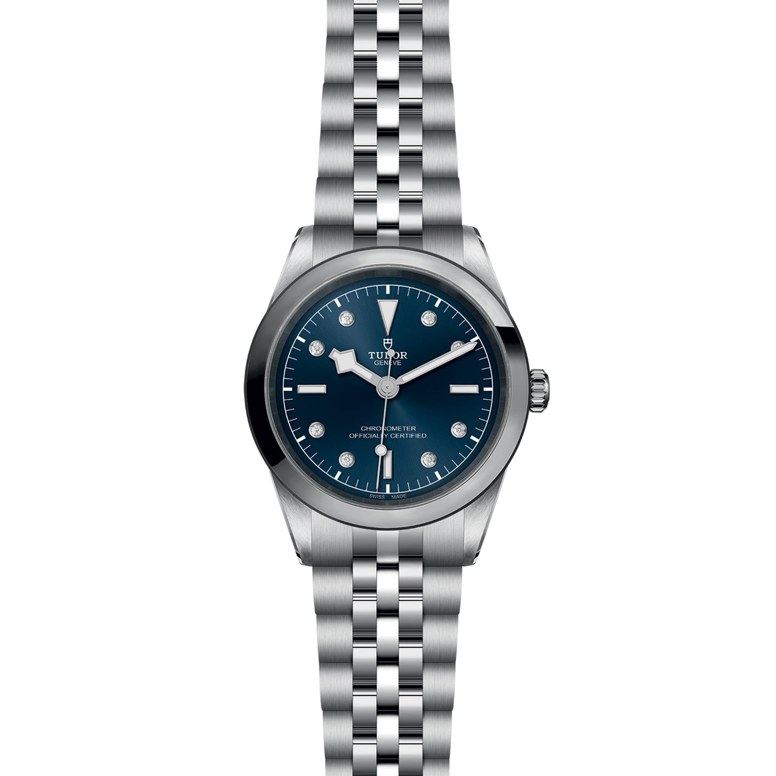 A TUDOR Black Bay One 41 wristwatch in silver with a blue dial, metal link bracelet, and diamond hour markers.