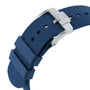Close-up of the TUDOR Pelagos FXD’s blue textured strap, featuring a silver buckle and two loops.