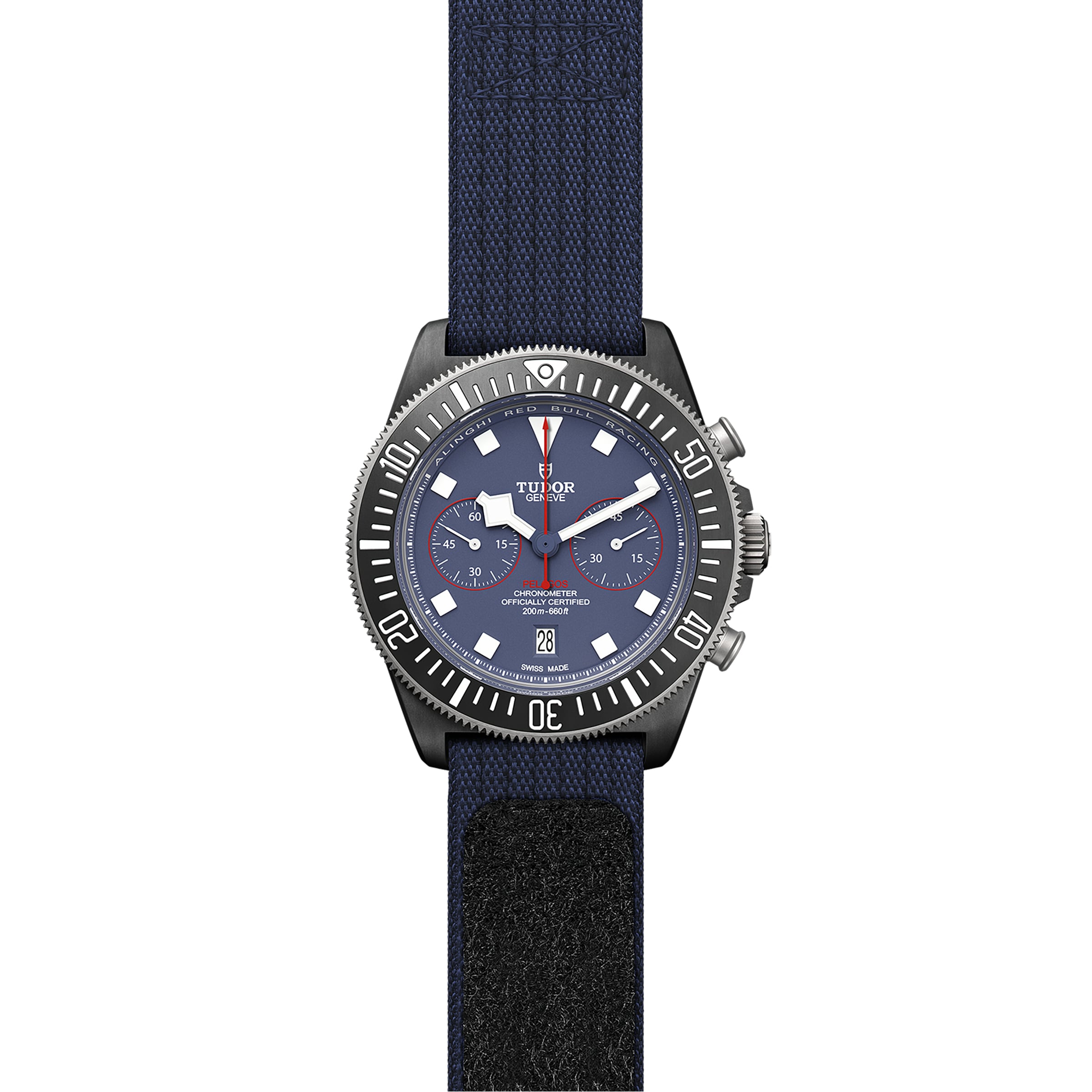 The TUDOR Pelagos FXD Chrono is a blue wristwatch inspired by the French Navy, with a chronograph dial, white markers, three subdials, date window, black rotating bezel, and blue fabric strap—ideal for underwater navigation.