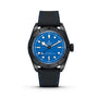 A TUDOR Black Bay Ceramic Blue wristwatch with signature snowflake hands, a blue dial, black bezel, and black strap with blue stitching, shown against a white background.
