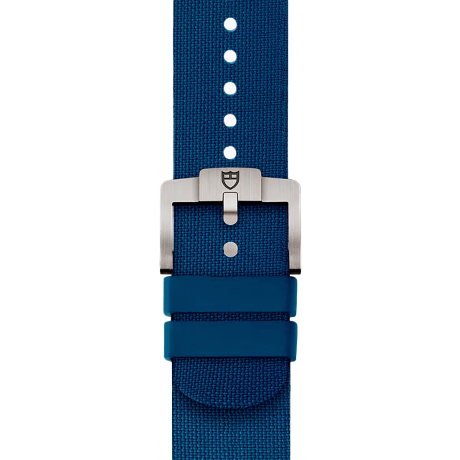 A blue fabric watch strap with a silver buckle and two blue loops, shown vertically—crafted for the TUDOR Pelagos FXD to match its robust titanium case.