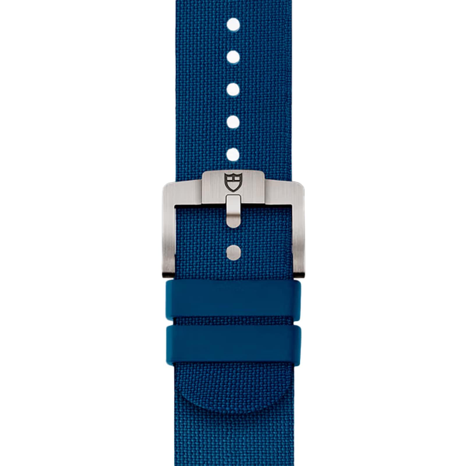 A blue fabric watch strap with a silver buckle and two blue loops, shown vertically—crafted for the TUDOR Pelagos FXD to match its robust titanium case.