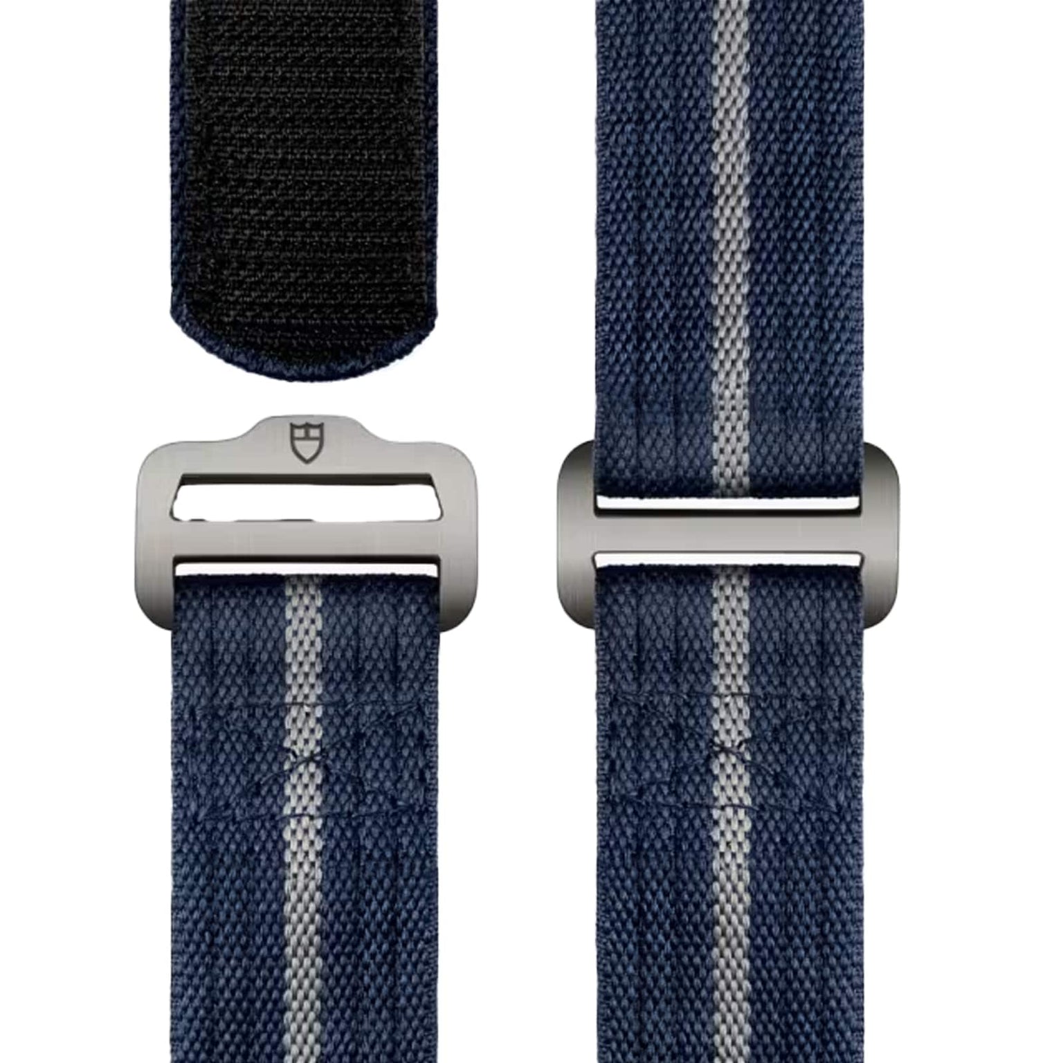 Three blue fabric straps with light gray center stripes and silver-tone buckles, designed for the TUDOR Pelagos FXD, are displayed against a white background.