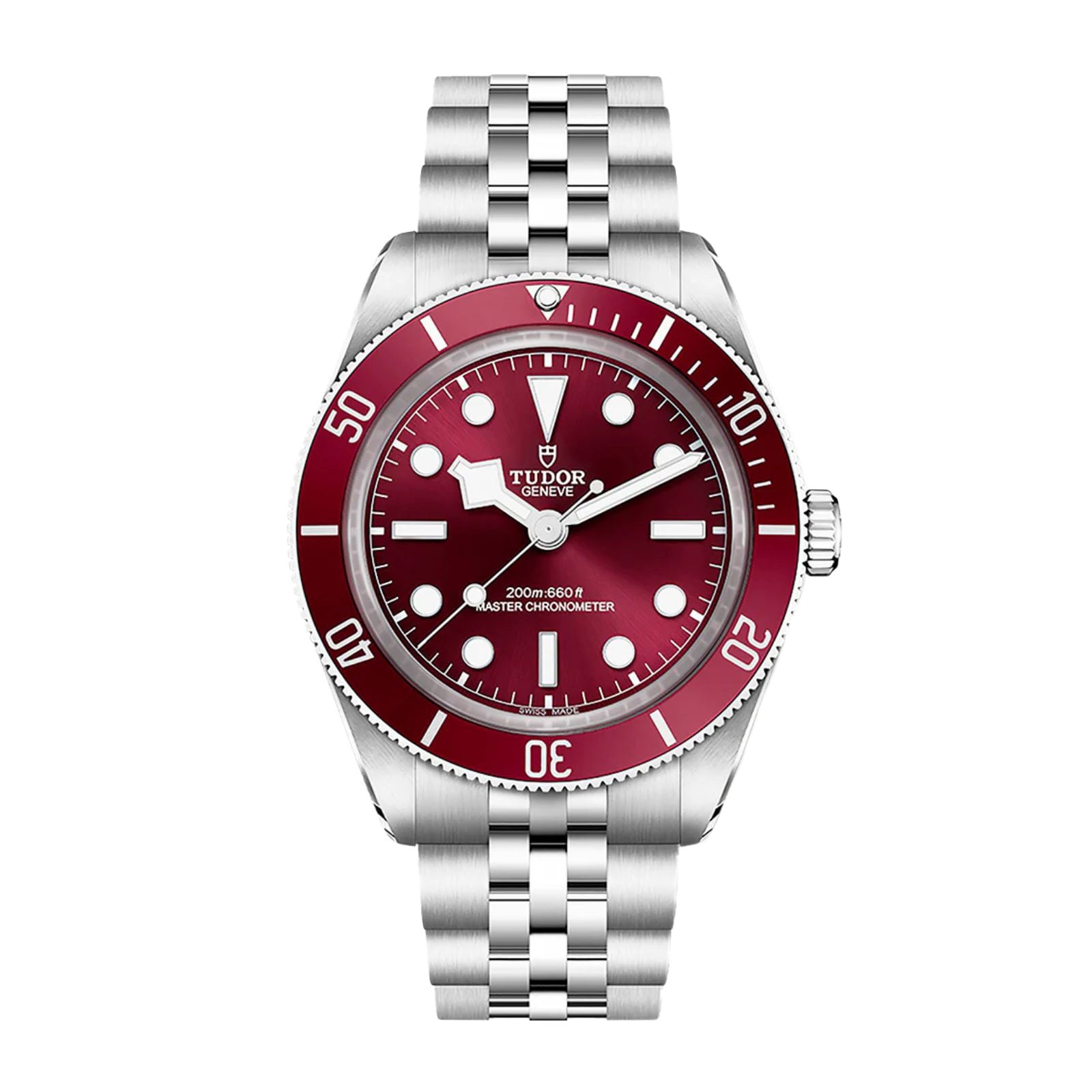 A TUDOR Black Bay 58 wristwatch featuring a stainless steel case, burgundy bezel and dial, and a silver metal bracelet.