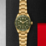 The TUDOR Black Bay 58 18K dive watch, featuring a gold case and green dial with bezel, is showcased on a textured black and silver background accented with red.