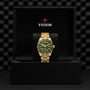 The TUDOR Black Bay 58 18K gold dive watch with a green dial is shown upright in an open black presentation box bearing the TUDOR logo.