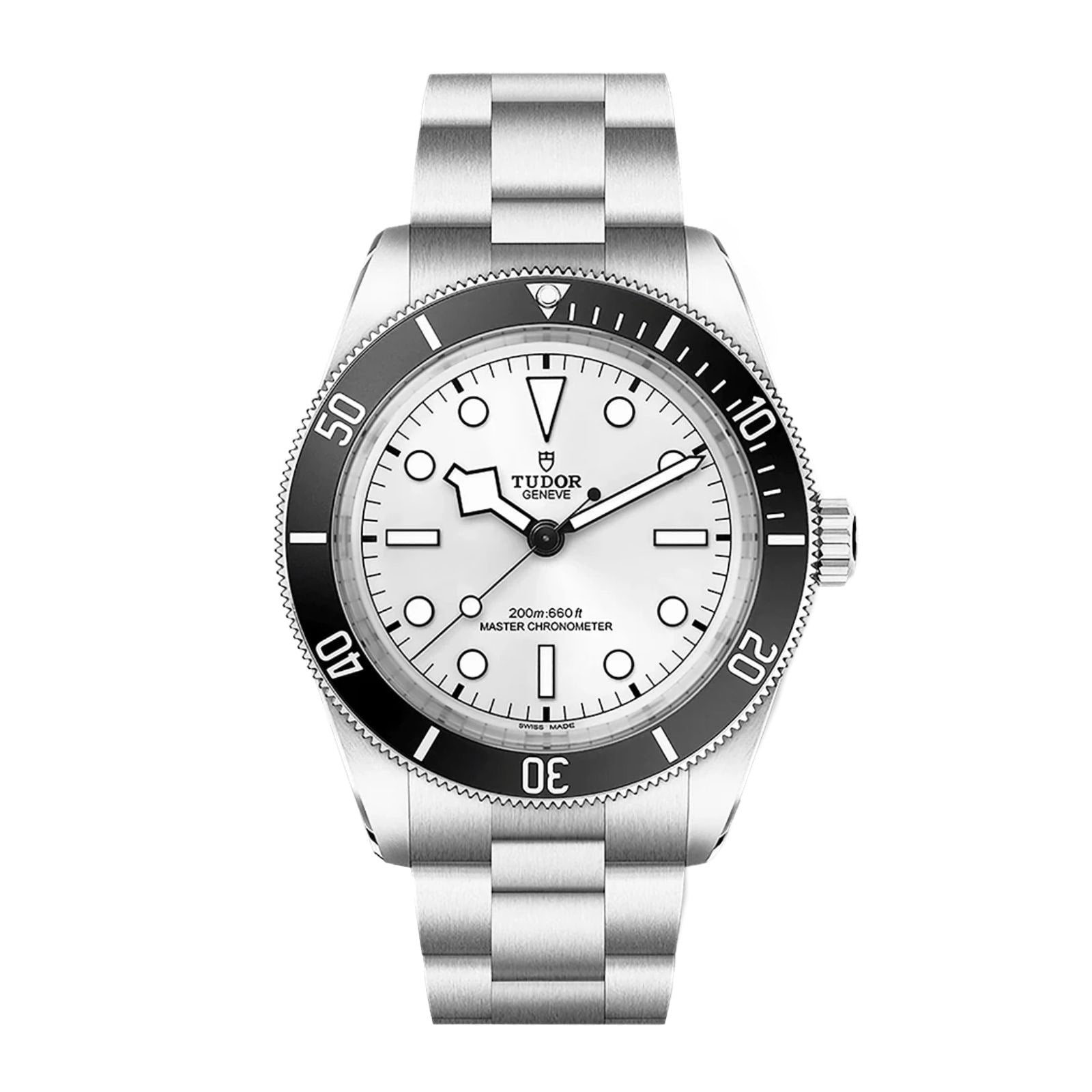 The TUDOR Black Bay 68 is a silver wristwatch featuring a black bezel, white dial with time markers, and a metal bracelet.