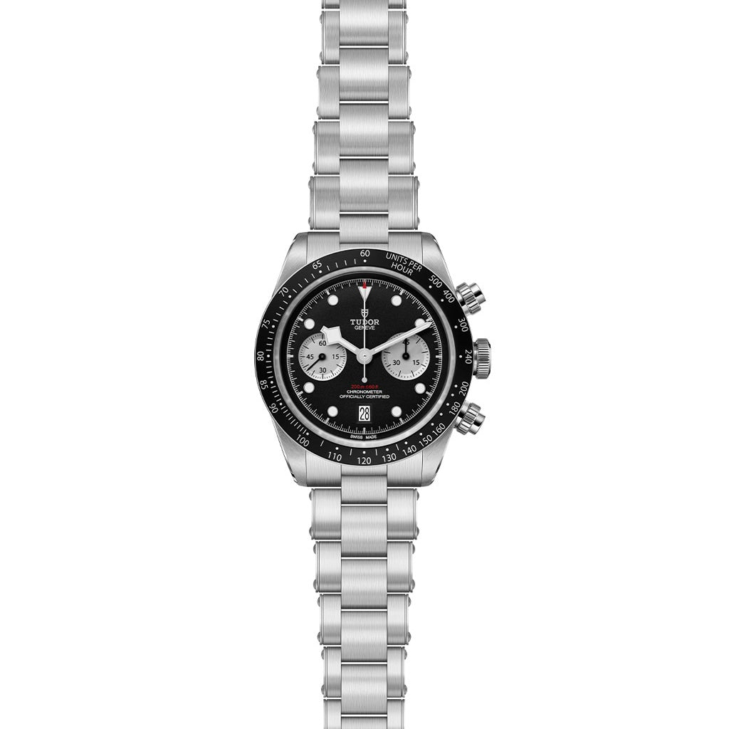 TUDOR Black Bay Chrono: stainless steel chronograph wristwatch featuring a black dial, silver subdials, and a metal link bracelet.