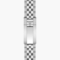 The TUDOR Black Bay Chrono features a stainless steel bracelet with a folding clasp and shield emblem, displayed on a white background.
