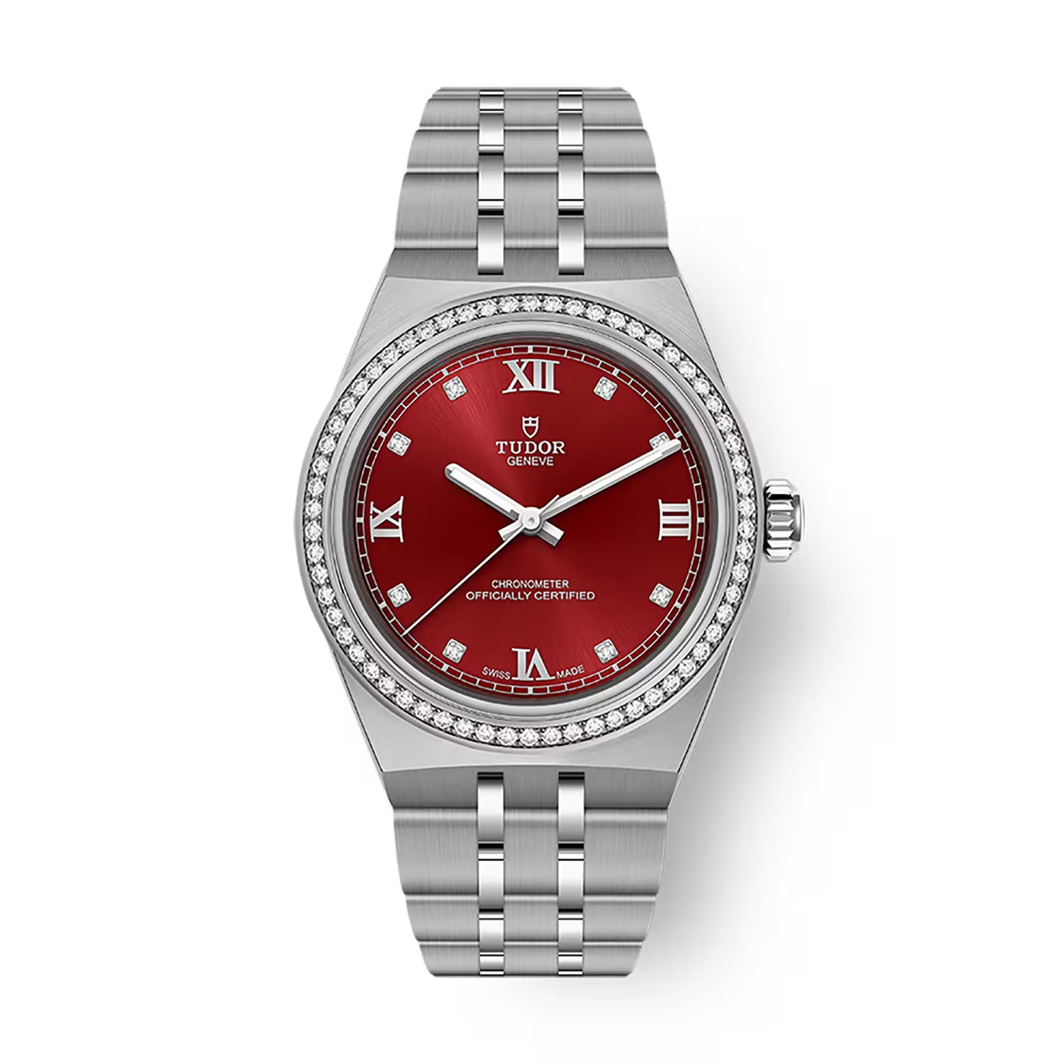 Steel wristwatch with red dial, diamond bezel, Roman numeral markers, and three-link bracelet.