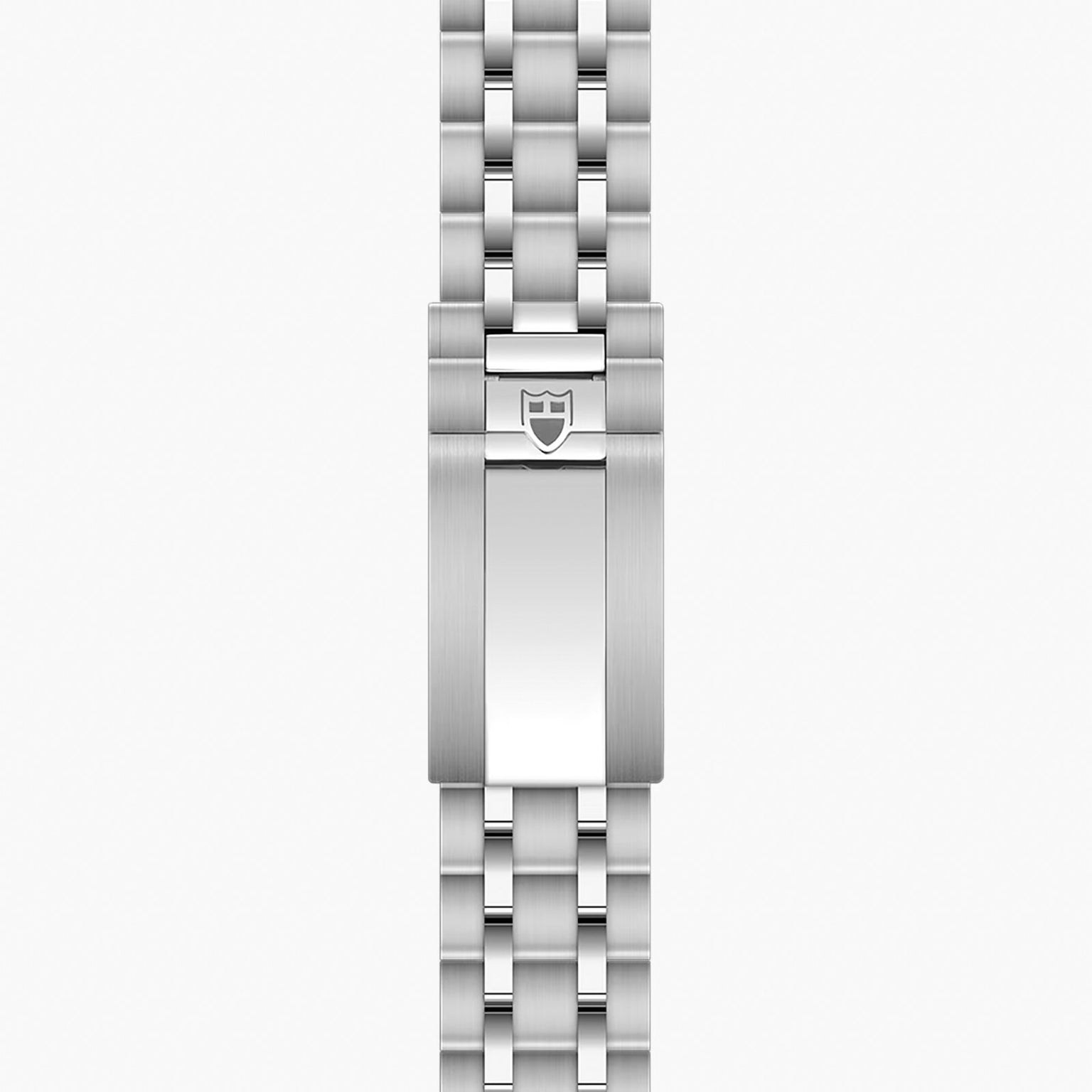 Stainless steel watch bracelet with linked segments and shield logo on center clasp.