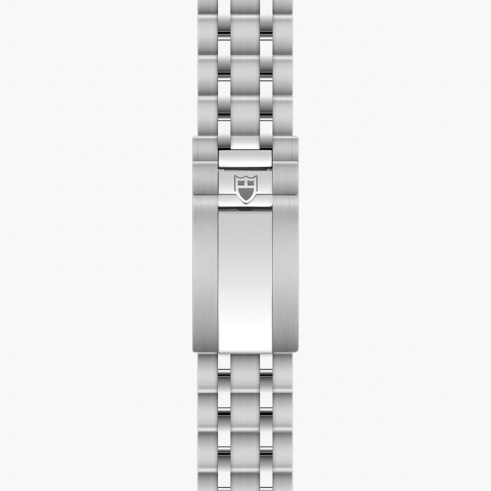 Stainless steel watch bracelet with linked metal bands and shield emblem clasp.