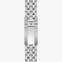 Stainless steel watch bracelet with linked metal bands and shield emblem clasp.
