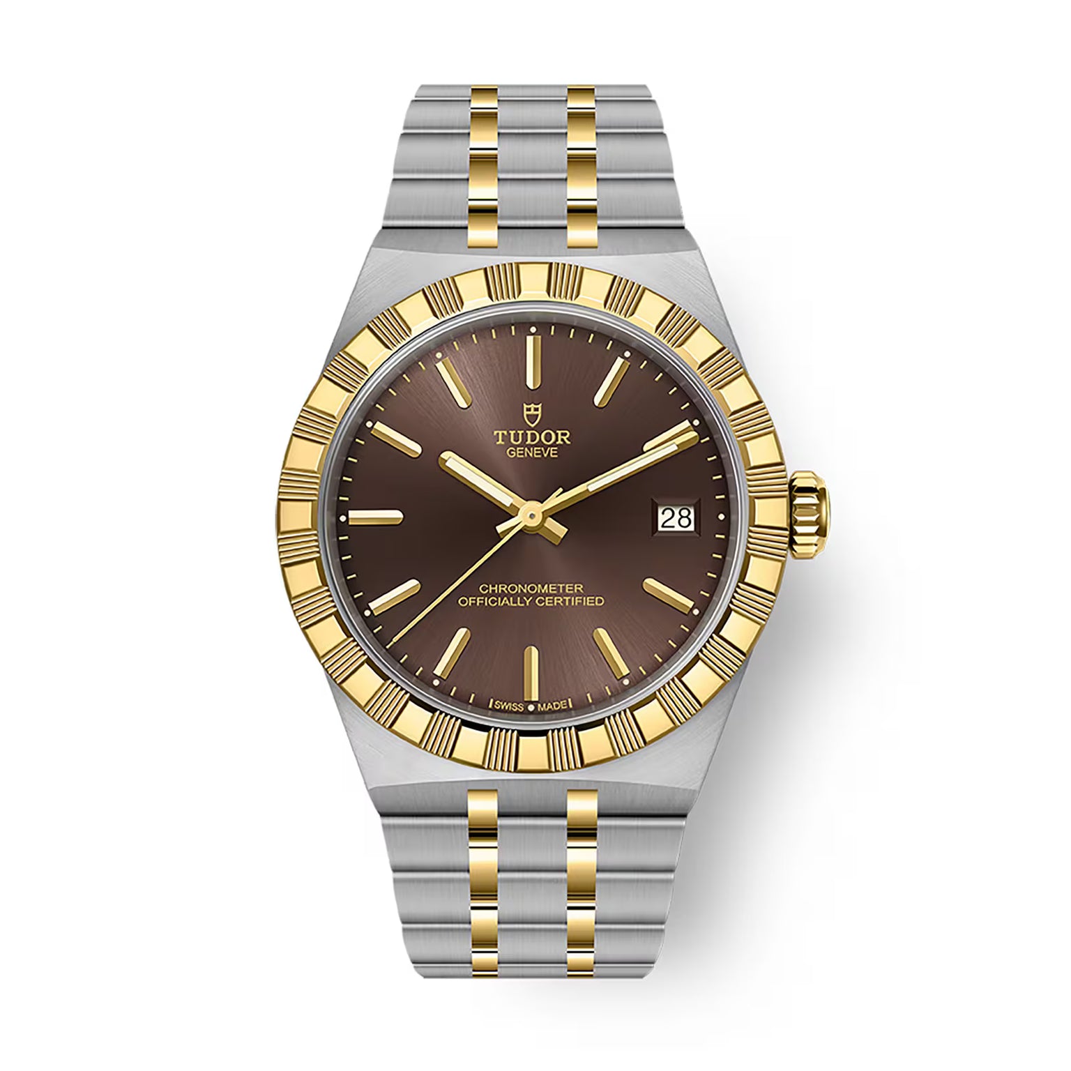Two-tone stainless steel and gold watch with brown dial, date window, gold hour markers, and matching bracelet.