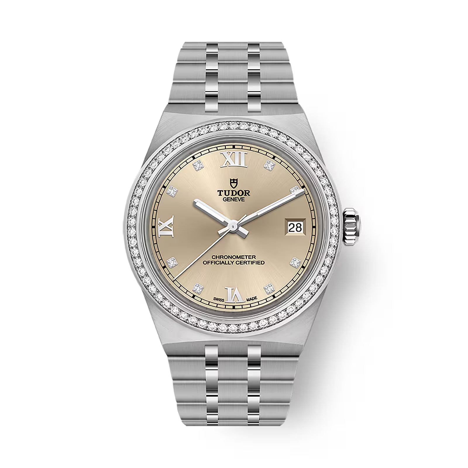 Steel watch with champagne dial, diamond bezel, date window, and steel bracelet.