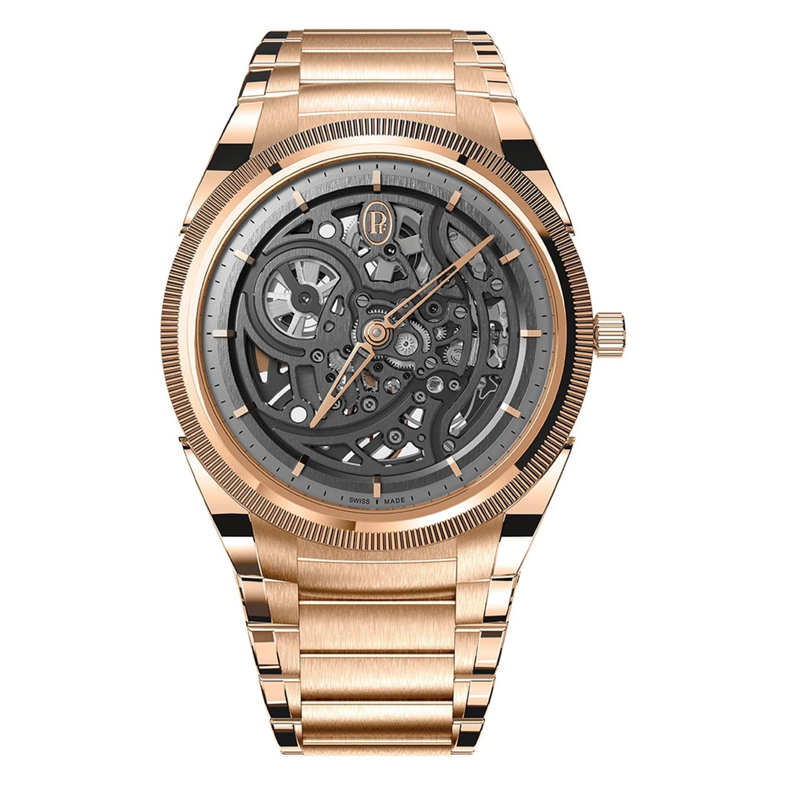 The Parmigiani Fleurier TONDA PF Skeleton is a rose gold watch featuring an exposed mechanical movement and a metal link bracelet.