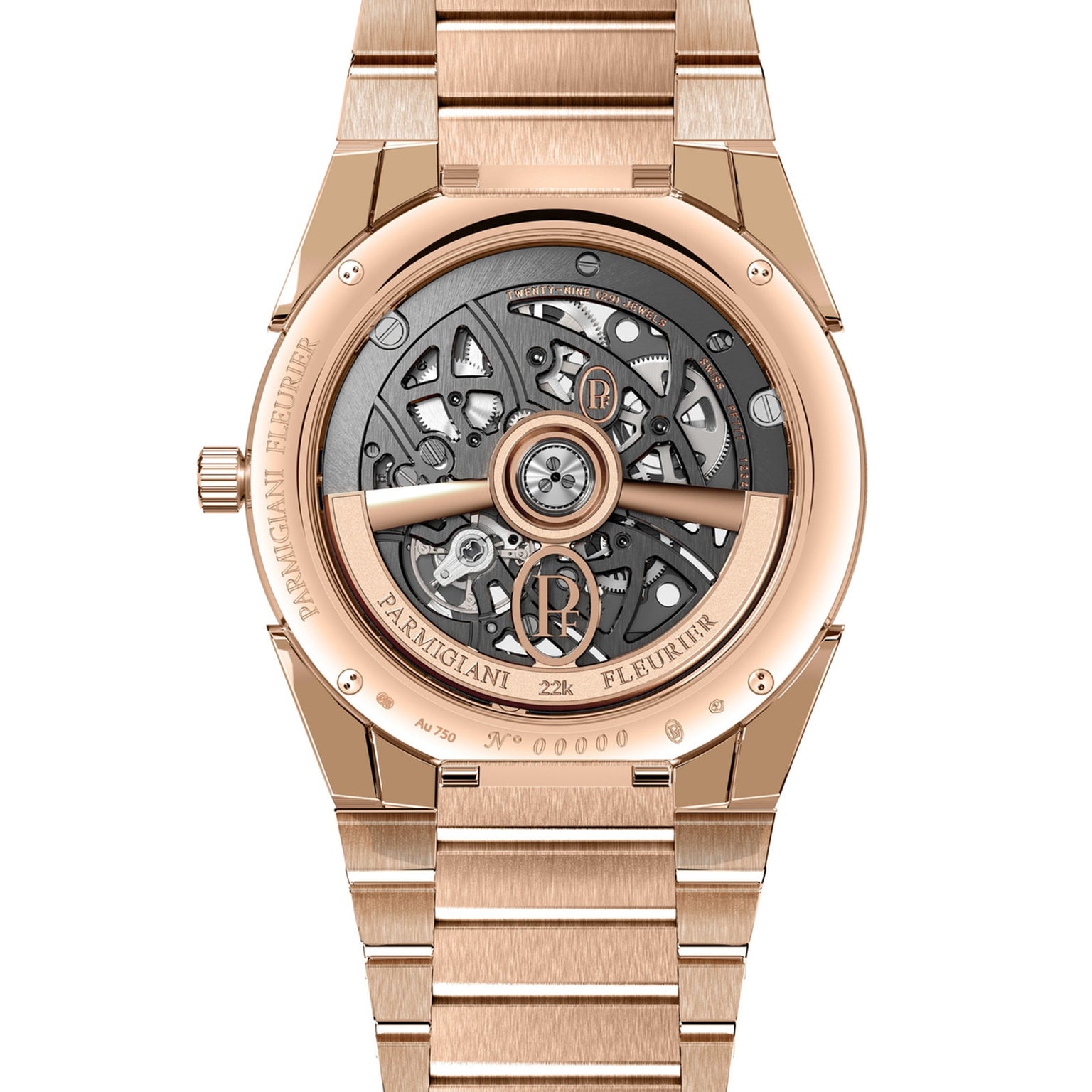 The TONDA PF Skeleton by Parmigiani Fleurier displays its intricate exposed mechanical movement and luxurious craftsmanship.