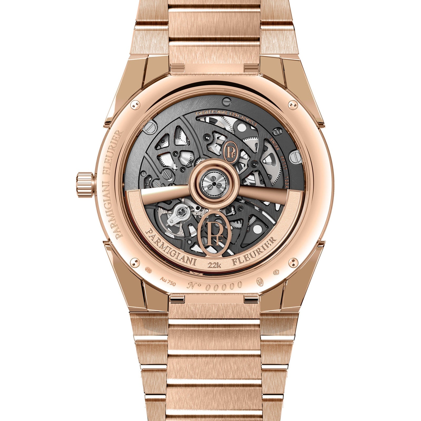 The TONDA PF Skeleton by Parmigiani Fleurier displays its intricate exposed mechanical movement and luxurious craftsmanship.