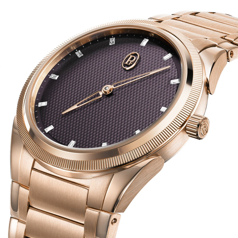 The TONDA PF Automatic by Parmigiani Fleurier is a luxurious rose gold wristwatch featuring a textured black dial and diamond hour markers.