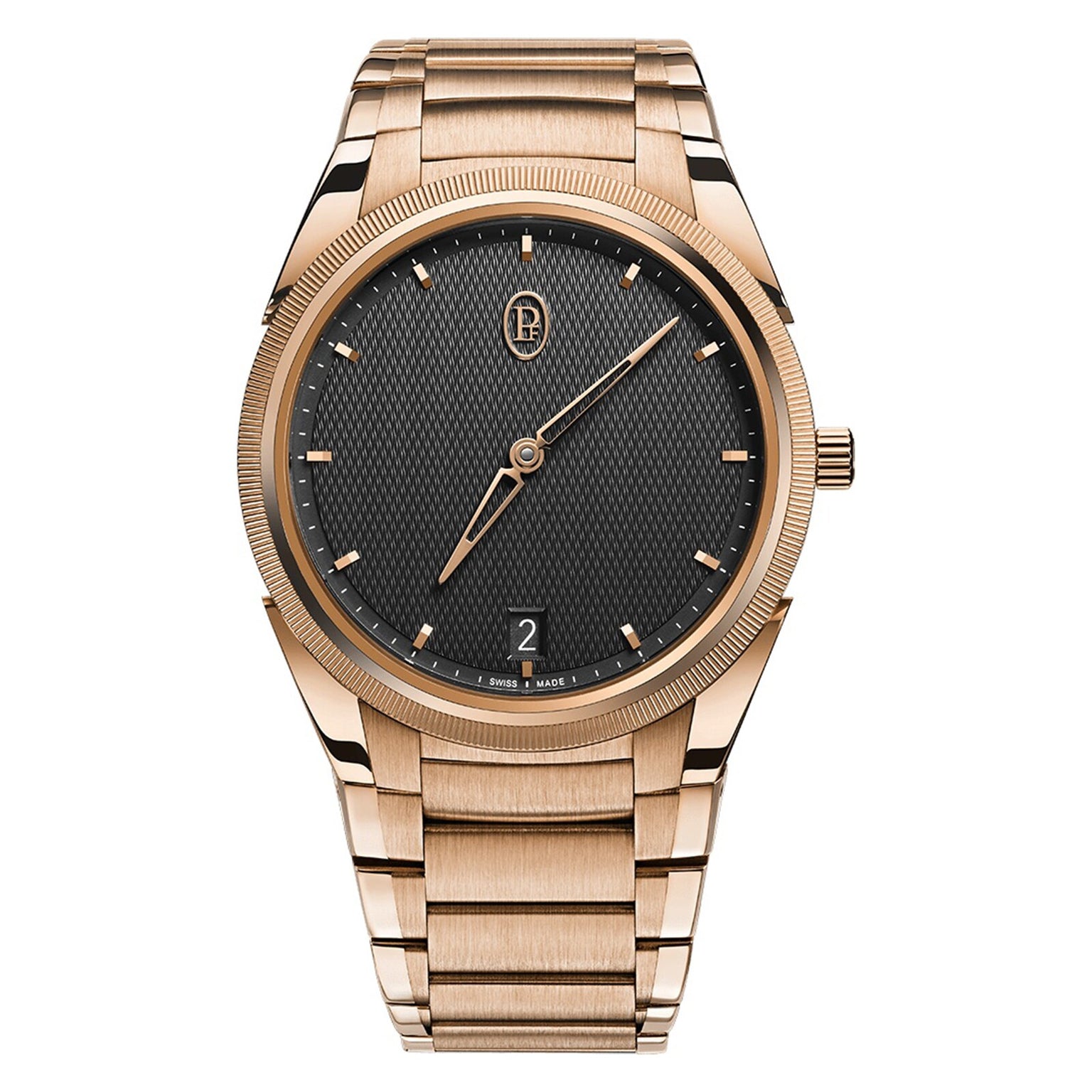 The Parmigiani Fleurier TONDA PF Micro-Rotor is a gold wristwatch featuring a black textured dial and a date display at 6 o’clock.