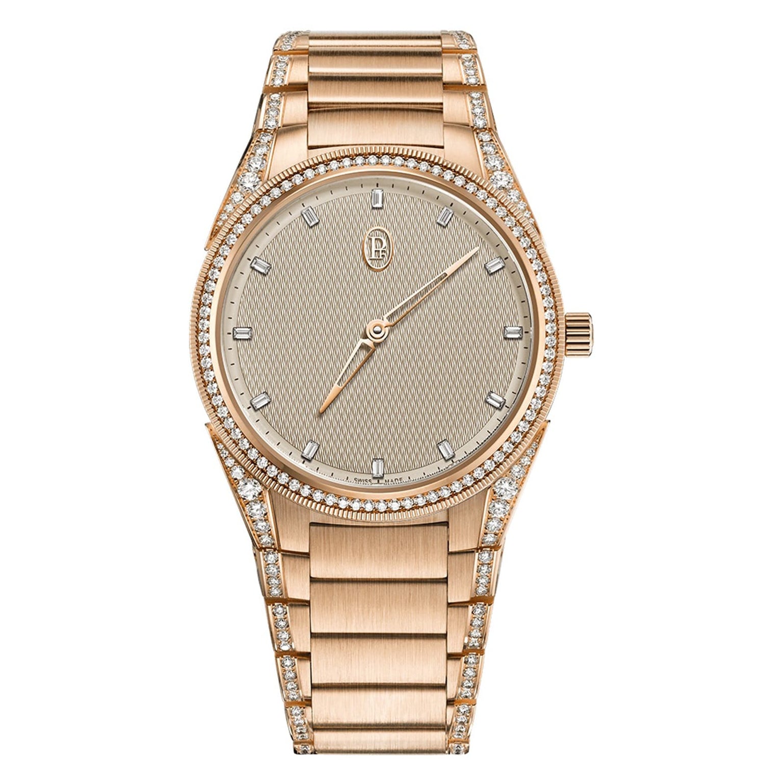 The Parmigiani Fleurier TONDA PF Automatic is a gold luxury wristwatch featuring a diamond-encrusted bezel and hour markers on a textured dial.
