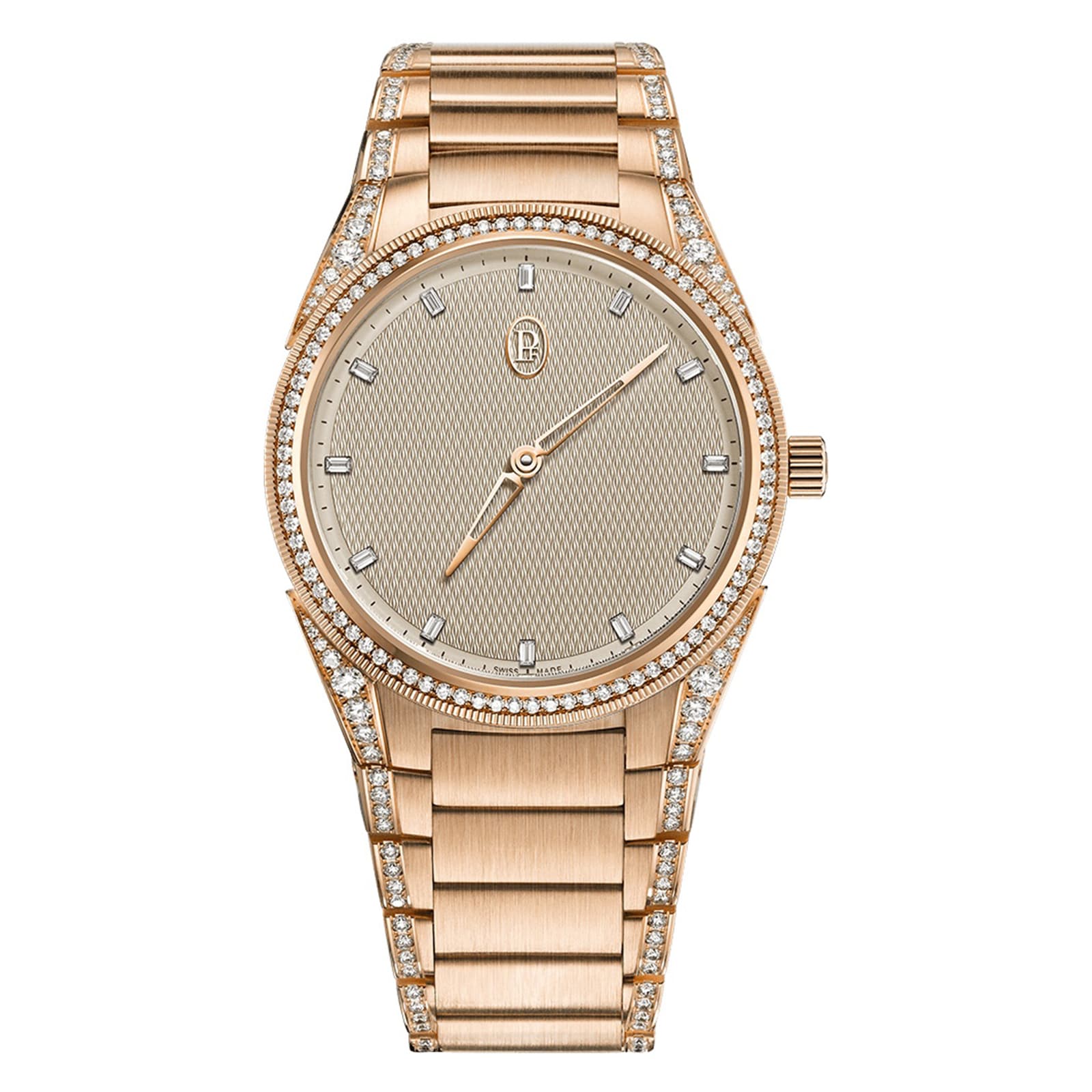 The Parmigiani Fleurier TONDA PF Automatic is a gold luxury wristwatch featuring a diamond-encrusted bezel and hour markers on a textured dial.