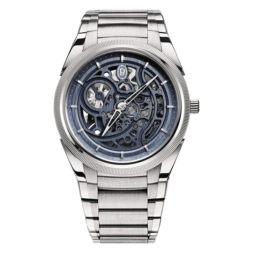 The Parmigiani Fleurier TONDA PF Skeleton features a silver skeleton design with exposed gears and a metal band, highlighting its intricate internal mechanisms.