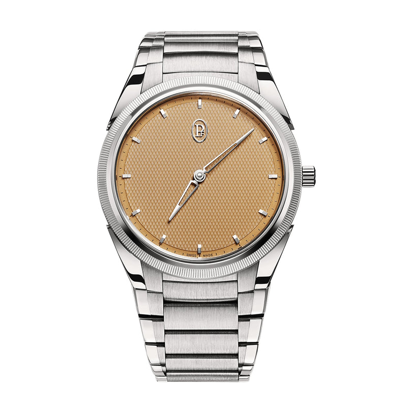 The Parmigiani Fleurier TONDA PF Micro-Rotor is a silver stainless steel wristwatch with a textured gold dial and silver hour markers.