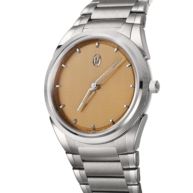 The Parmigiani Fleurier TONDA PF Micro-Rotor is a silver wristwatch featuring a textured gold-brown dial and metal bracelet, shown from an angled view.