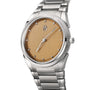 The Parmigiani Fleurier TONDA PF Micro-Rotor is a silver wristwatch featuring a textured gold-brown dial and metal bracelet, shown from an angled view.