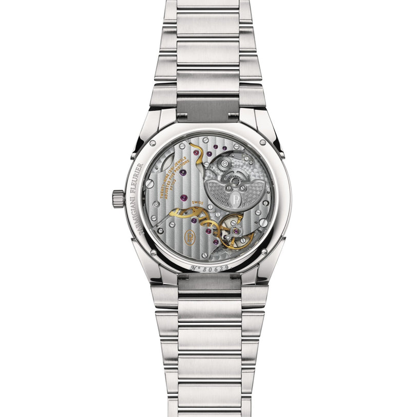 Back view of the Parmigiani Fleurier TONDA PF Micro-Rotor luxury silver watch, showcasing its visible mechanical movement and intricate craftsmanship.