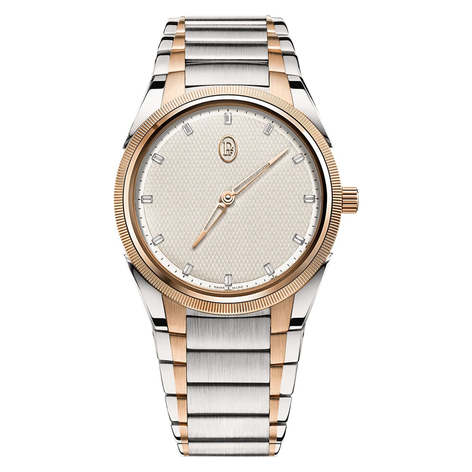 The Parmigiani Fleurier TONDA PF Automatic is a luxury wristwatch featuring a silver and gold band and a textured, minimalist silver dial.