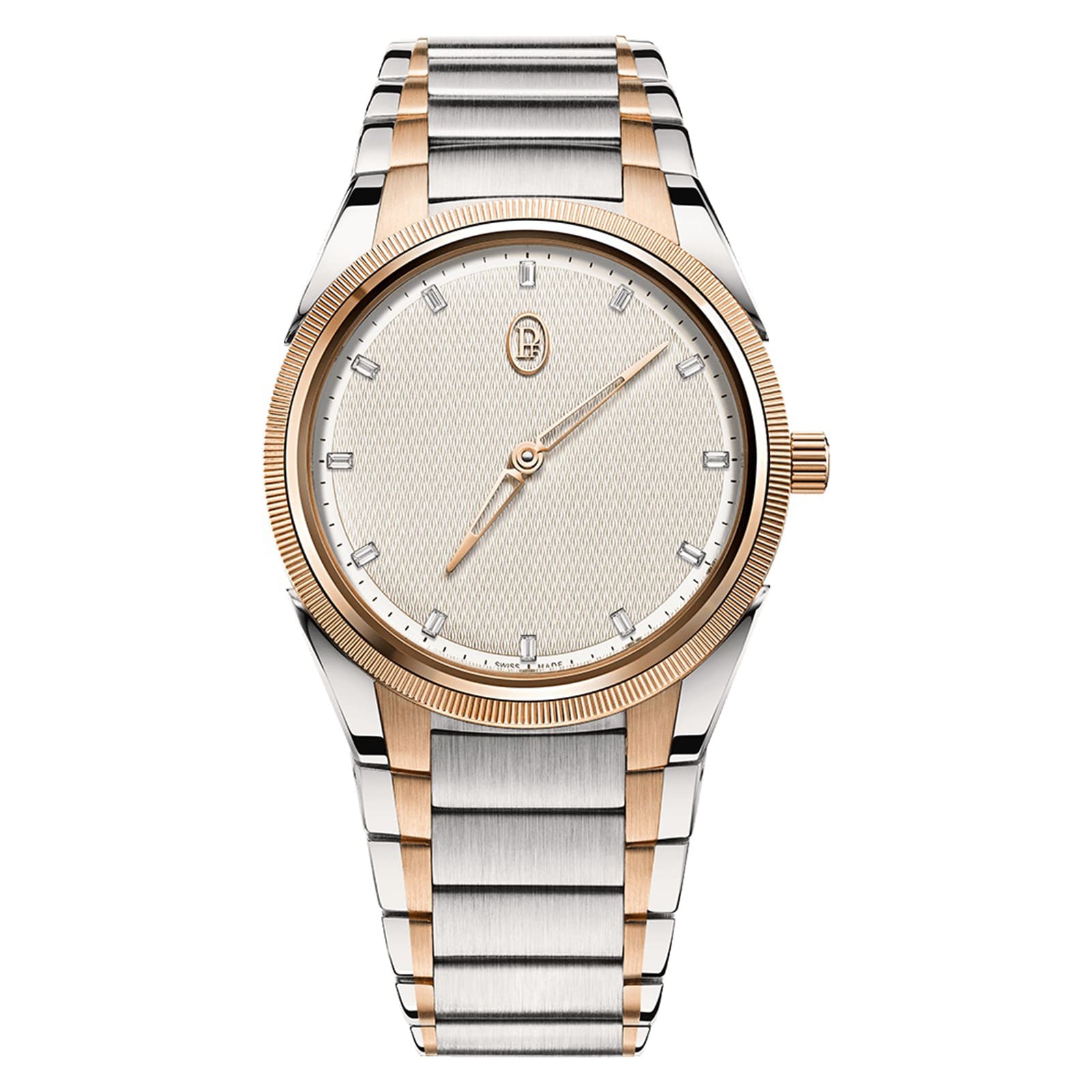 The Parmigiani Fleurier TONDA PF Automatic is a luxury wristwatch featuring a silver and gold band and a textured, minimalist silver dial.