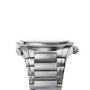 Side view of the Parmigiani Fleurier TONDA PF GMT Rattrapante, a stainless steel wristwatch with a metal strap, crown, and pusher against a white background.